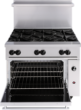 A stainless steel commercial gas range designed for restaurant use, featuring six black burner grates on top. The oven door is open to reveal two wire racks inside a convection oven. Control knobs and an ignition button are on the front panel.