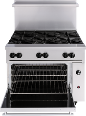 A stainless steel commercial gas range designed for restaurant use, featuring six black burner grates on top. The oven door is open to reveal two wire racks inside a convection oven. Control knobs and an ignition button are on the front panel.