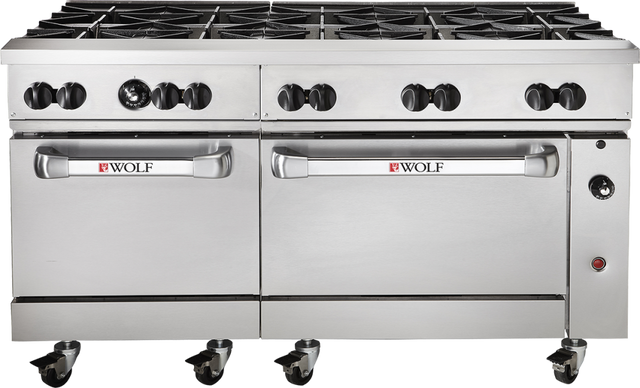A large commercial stainless steel Wolf restaurant range with eight burners on top, two oven doors below, control knobs above each oven, and five caster wheels at the base for mobility. The Wolf logo appears on both oven handles.