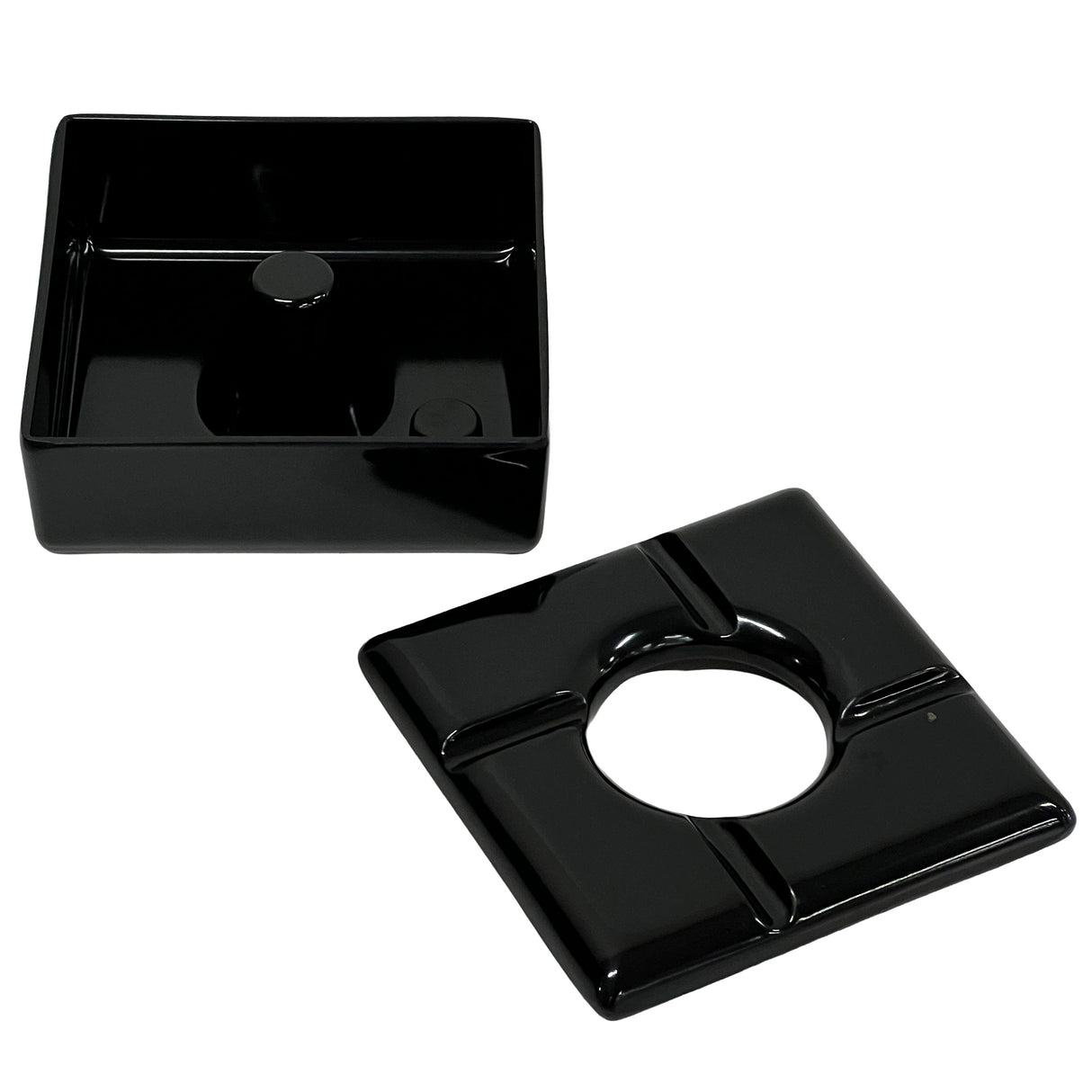 A glossy black melamine ashtray with a removable lid featuring a circular center opening and four indents for resting cigarettes. The windproof ashtray has a simple, deep base, while the lid is placed beside it, showing both parts separately.