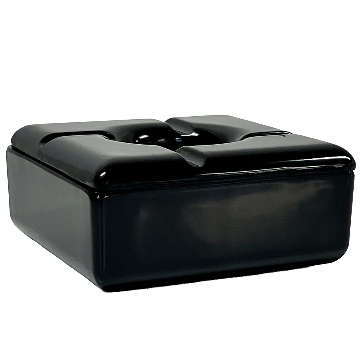 A glossy black square melamine ashtray with rounded edges and a slight center indent for holding cigarettes. Its smooth, modern design is windproof and photographed against a white background.