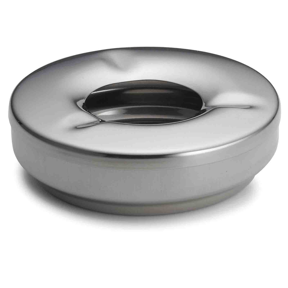 A round, stainless steel ashtray with a smooth, shiny surface and recessed center. The minimalist design features a slightly raised edge and three narrow slots for cigarettes. This modern ashtray is also dishwasher safe for easy cleaning.