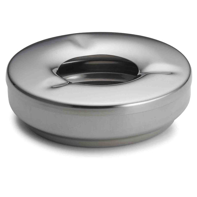 A round, stainless steel ashtray with a smooth, shiny surface and recessed center. The minimalist design features a slightly raised edge and three narrow slots for cigarettes. This modern ashtray is also dishwasher safe for easy cleaning.