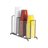 A black wire rack Lid/Cup Organizer holds three stacks of plastic cups: white on the left, red in the middle, and yellow on the right. Each stack is neatly arranged in its own section, keeping cups organized and easy to access.