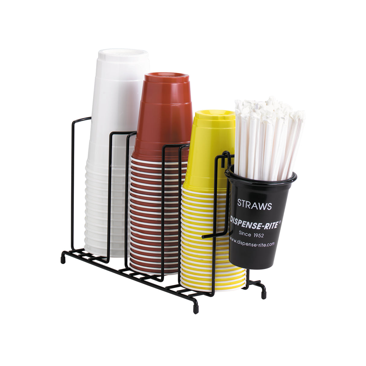 A black Dispense-Rite wire rack Lid/Cup Organizer holds stacks of white, brown, and yellow plastic cups. A black container attached to the rack dispenses individually wrapped white straws. The organizer is compact and perfect for countertop use.