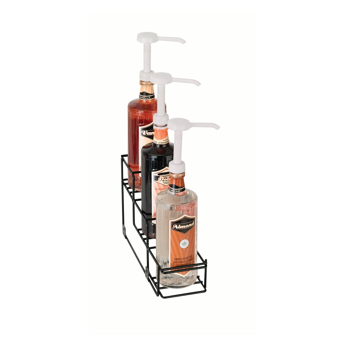 Three clear bottles filled with different colored liquids sit neatly in a durable powder coated finish wire rack. Each labeled bottle features a white plastic pump dispenser, arranged in a single row against a white background.