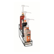 Three clear bottles filled with different colored liquids sit neatly in a durable powder coated finish wire rack. Each labeled bottle features a white plastic pump dispenser, arranged in a single row against a white background.