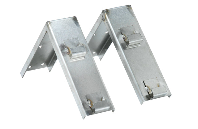 Two metallic, L-shaped stainless steel brackets with quick-release clamps and mounting holes rest parallel on a white background. Their brushed finish and subtle welding marks near the clamps add a touch of durability to this Bracket Kit.