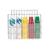 A metal cup organizer with a stainless steel wire rack holds four stacks of plastic cups—white with blue-green patterns, yellow, red, and green—each neatly arranged and separated by the rack’s dividers.