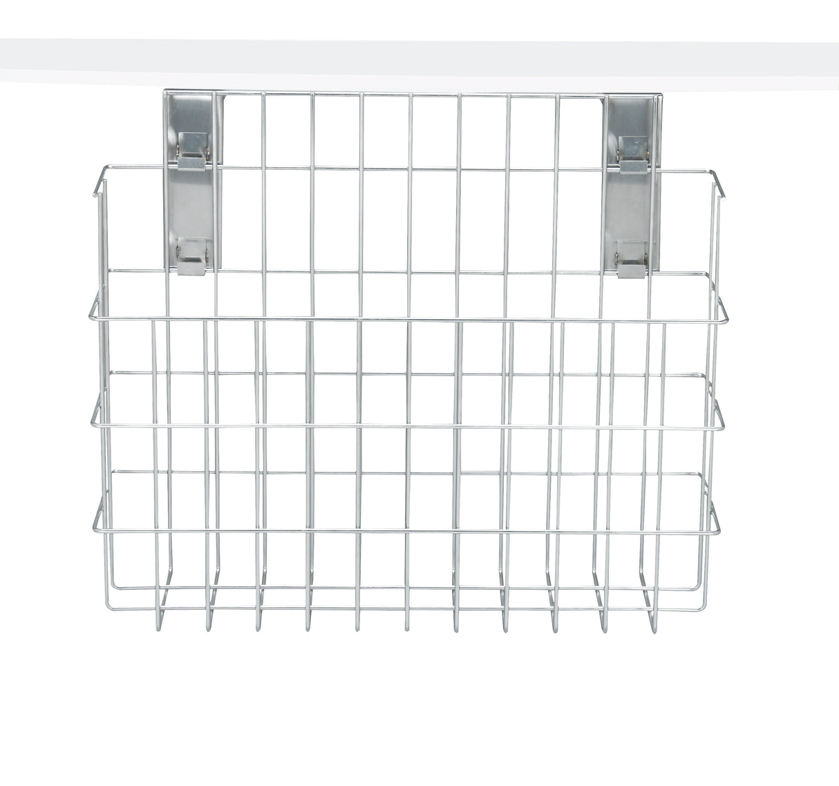 A rectangular, stainless steel wire basket with a grid pattern hangs from a thick white shelf using quick-release metal hooks attached to the back. The empty basket is viewed from the front against a white background.