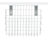 A rectangular, stainless steel wire basket with a grid pattern hangs from a thick white shelf using quick-release metal hooks attached to the back. The empty basket is viewed from the front against a white background.
