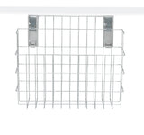 A rectangular stainless steel wire rack basket with a grid pattern and two metal hooks for hanging, attached to a white horizontal surface. The cup organizer is empty and photographed against a plain white background.
