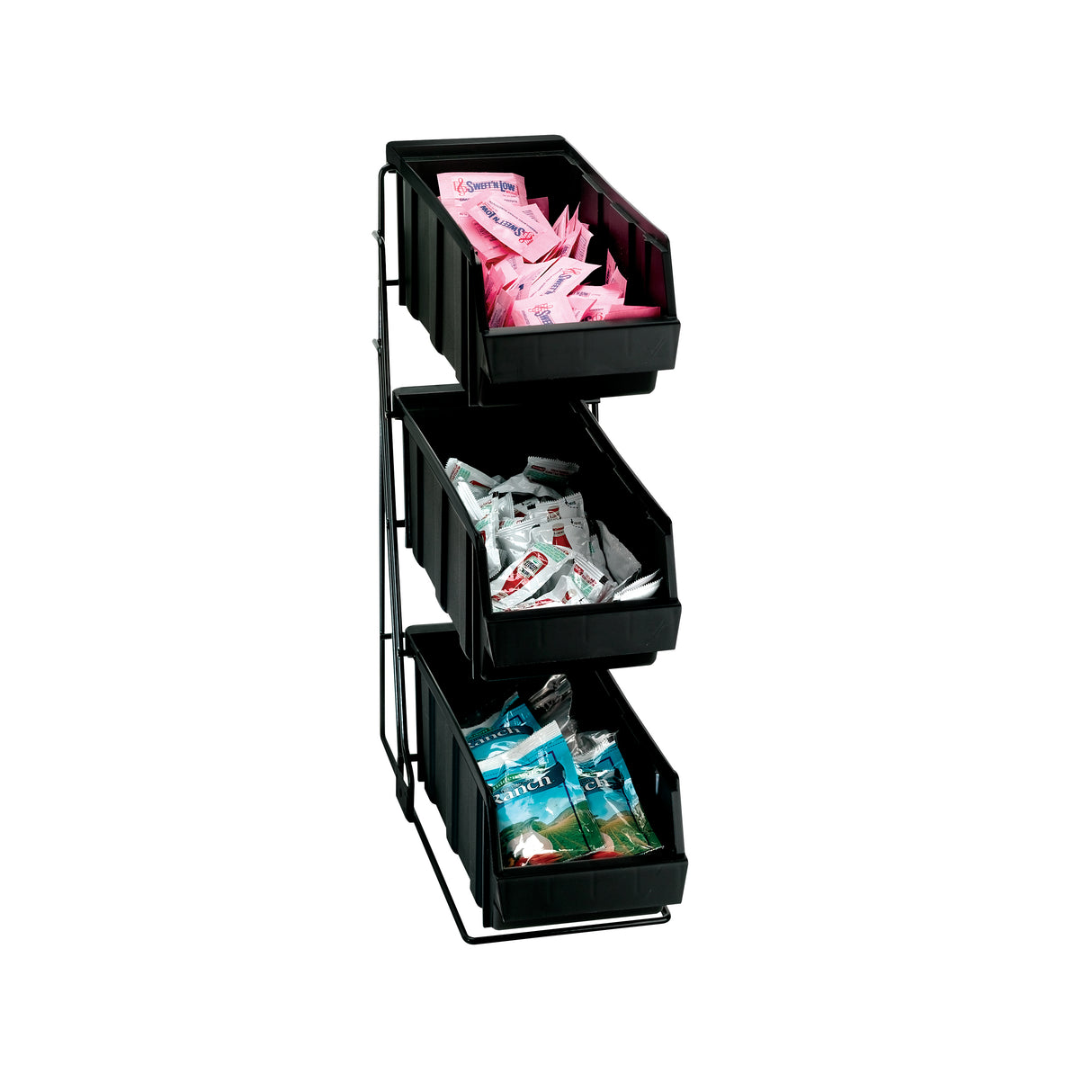 A three-tiered Packeted Condiment Organizer with removable plastic bins holds pink, white, and blue sweetener packets. Supported by a sturdy wire rack, it stands out against a crisp white background.