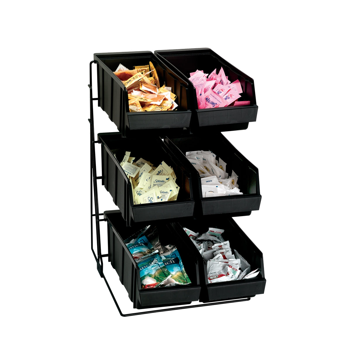 A six-compartment packeted condiment organizer holds various sweeteners, creamers, and condiments in removable plastic bins, each grouped separately. The rack has three rows with two bins per level, all set against a plain white background.