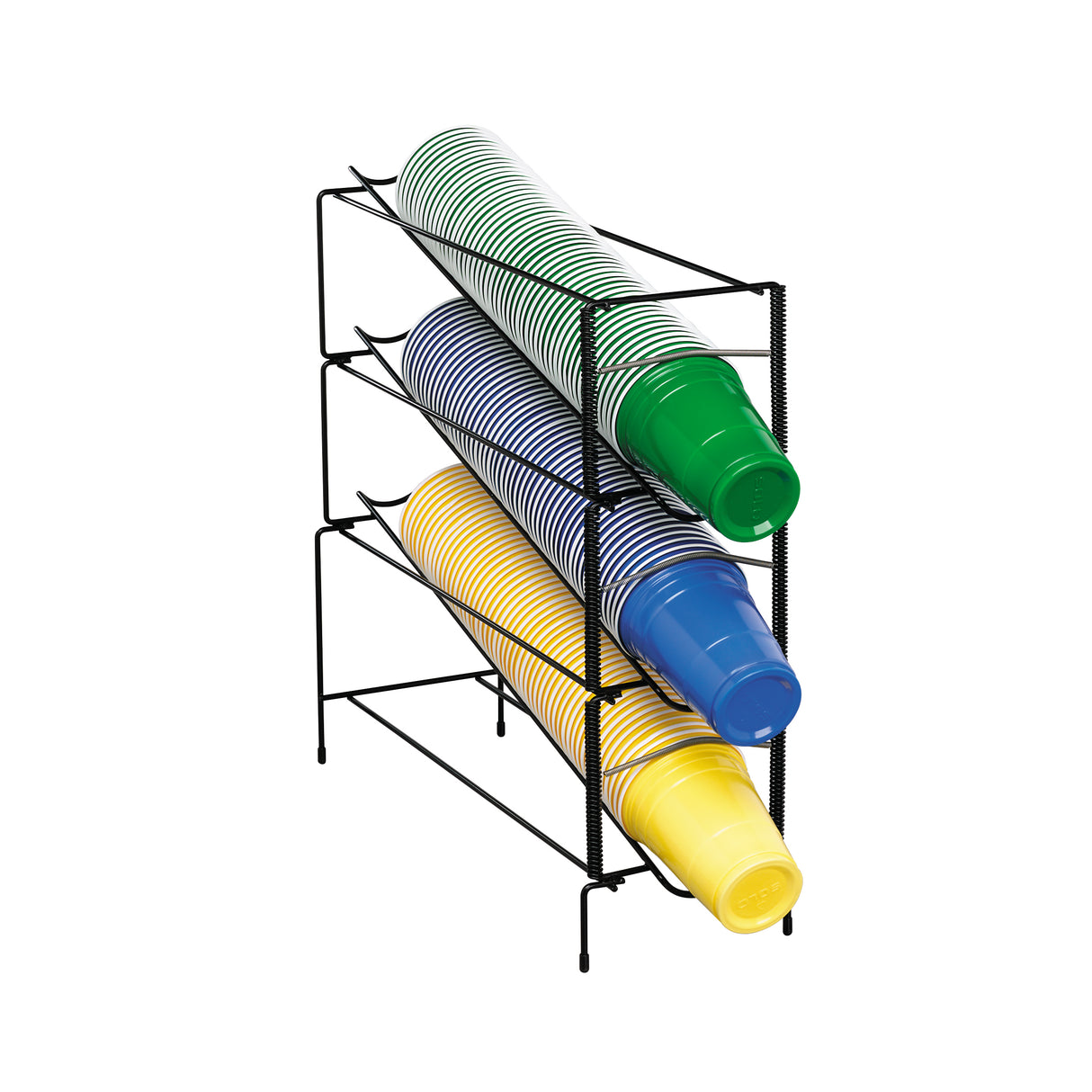 A black adjustable wire rack serves as a cup dispenser, holding three horizontal rows of plastic cups—green-striped, blue-striped, and yellow-striped—all neatly stacked with open ends facing outward on a white background.