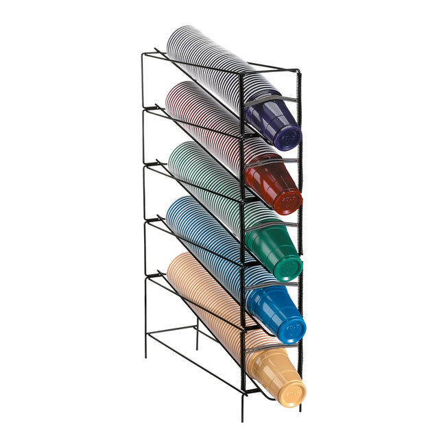 A vertical black adjustable wire rack Cup Dispenser holds five horizontal rows of striped plastic cups in black, red, blue, green, and tan, stacked neatly in columns. The one-size-fits-all design sits on a white background.