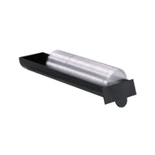 A black plastic Lid Chute dispenser holds a stack of clear, disposable plastic cups arranged horizontally. The dispenser features a rectangular base with a cutout for easy cup access and is shown on a plain white background.