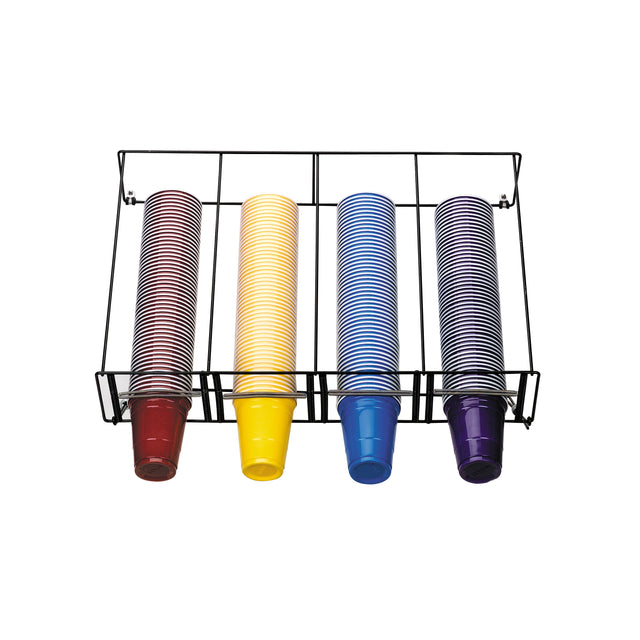A metal cup dispenser with an adjustable wire rack holds four stacks of plastic cups in red, yellow, blue, and purple. Each color stack is neatly aligned side by side on a white background, and the one-size-fits-all dispenser is wall-mounted.