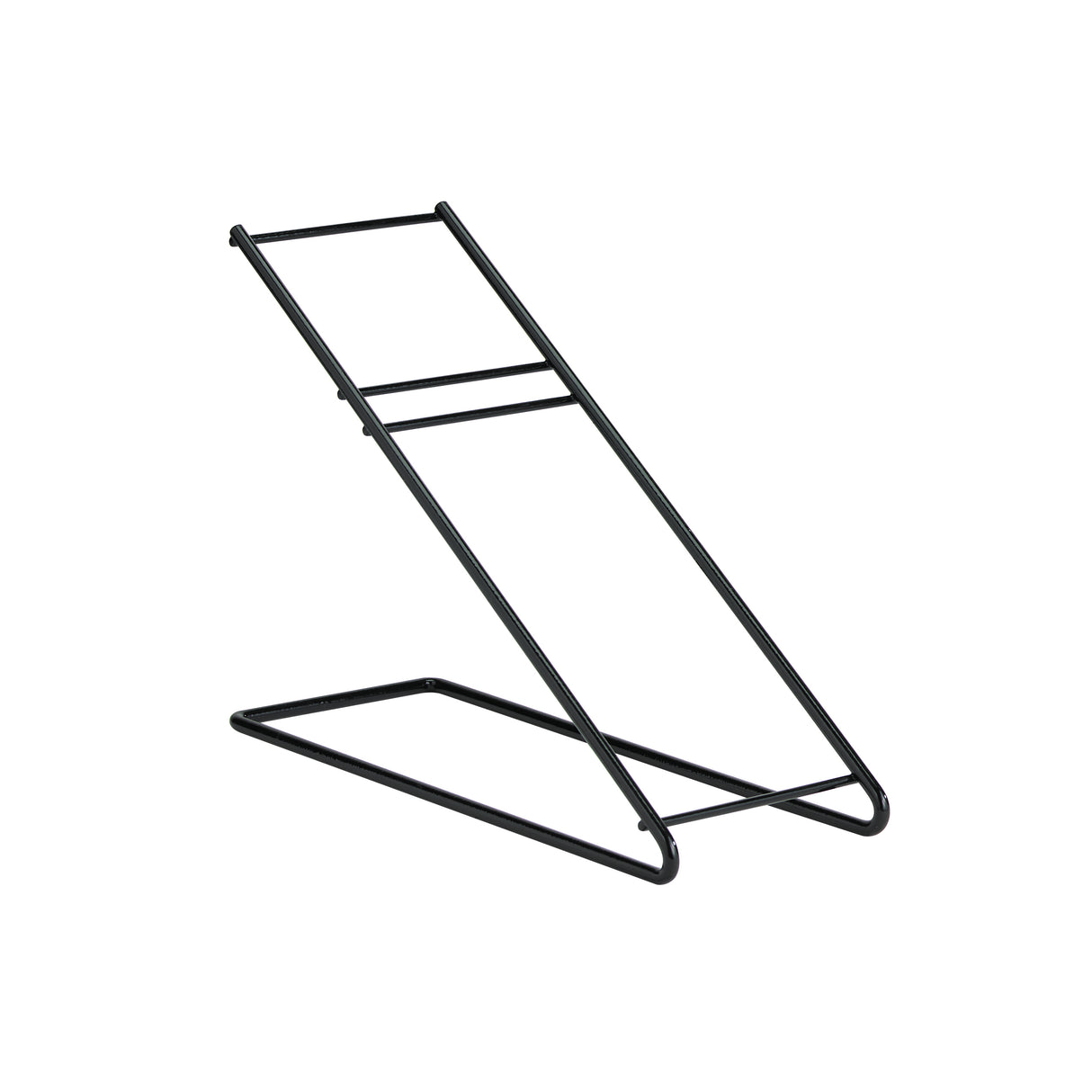 A black metal Angled Stand with a minimalist, wire black frame. It features two parallel rods forming a sloped surface, supported by a rectangular base with Dispense-Rite style horizontal bars connecting the sloped rods. The background is white.