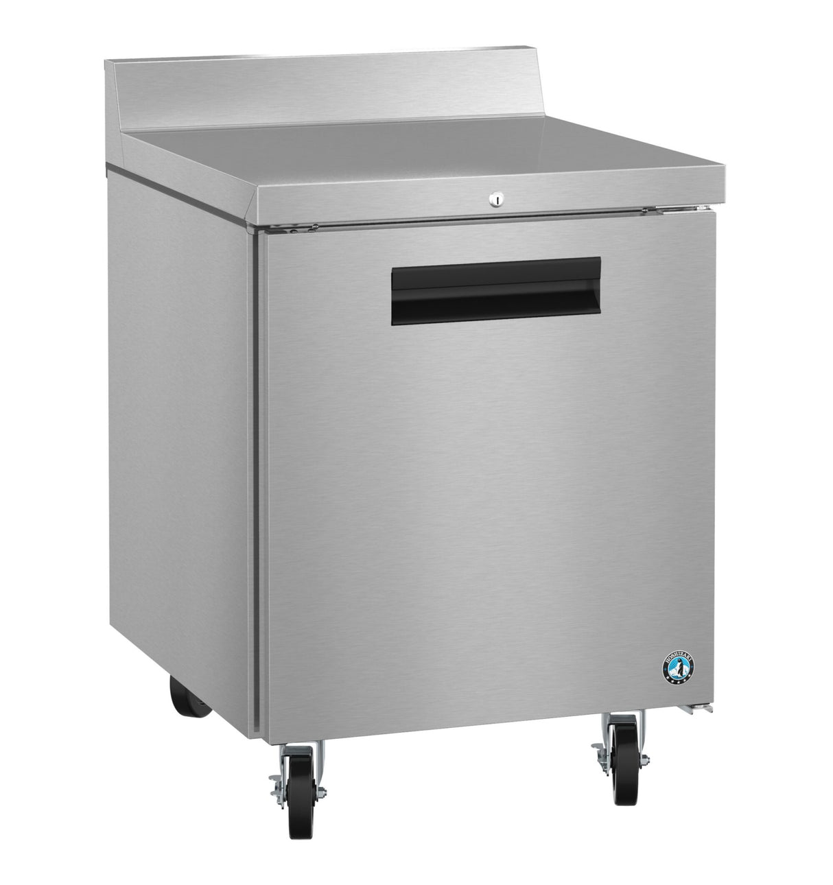 This stainless steel worktop refrigerator features a flat top, single door with black recessed handle, backsplash, and a small logo. With commercial-grade quality and ENERGY STAR certification, it's ideal for any professional kitchen.