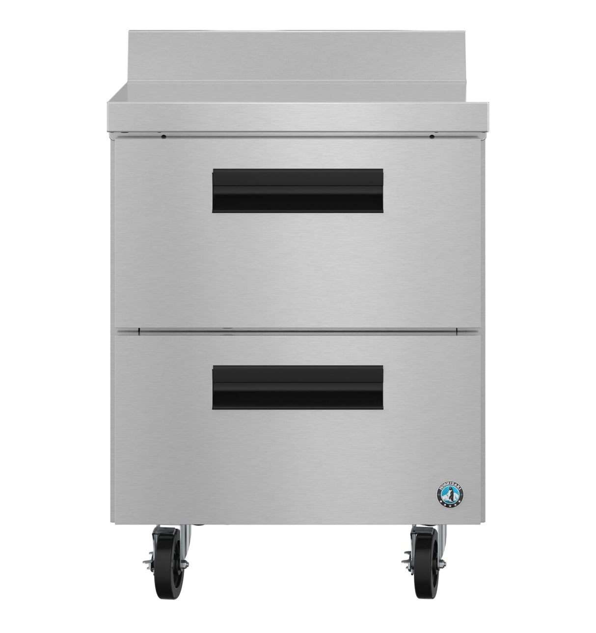A stainless steel worktop refrigerator features 2 drawers with black handles, set on four wheels for easy mobility. Its smooth surface and blue certification sticker make it ideal for commercial kitchen use against a plain white background.
