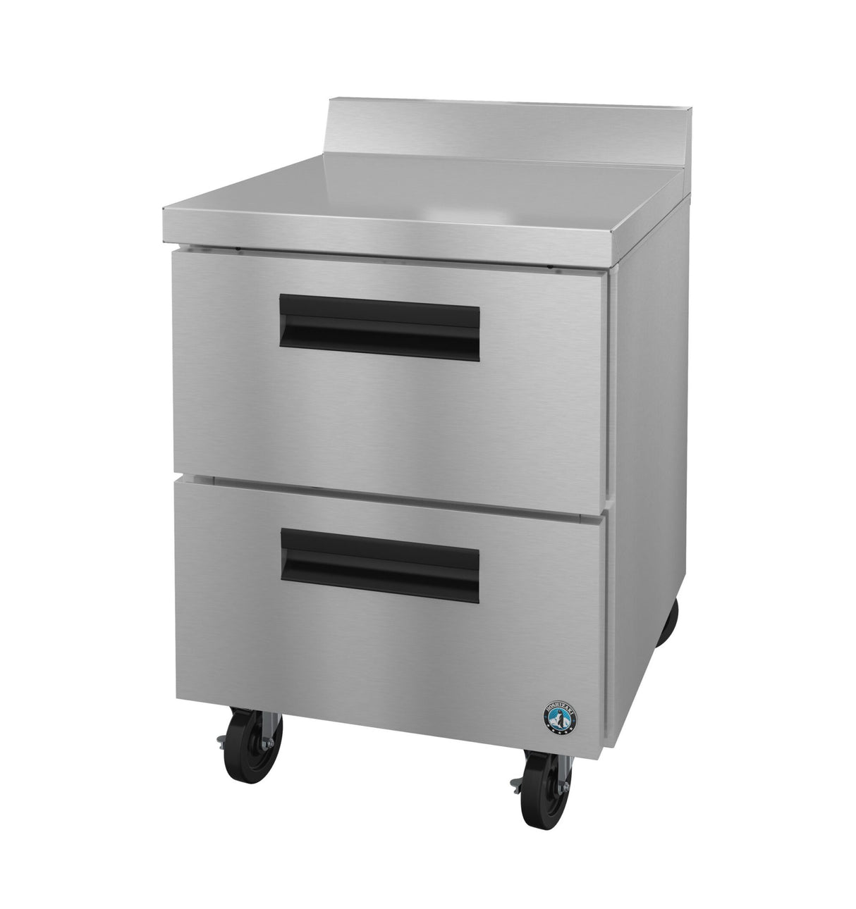 A stainless steel commercial kitchen drawer unit with 2 drawers, black recessed handles, four caster wheels, and a short backsplash at the rear of the worktop. The sleek, industrial design is ideal for food service settings.