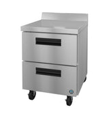 A stainless steel commercial kitchen drawer unit with 2 drawers, black recessed handles, four caster wheels, and a short backsplash at the rear of the worktop. The sleek, industrial design is ideal for food service settings.