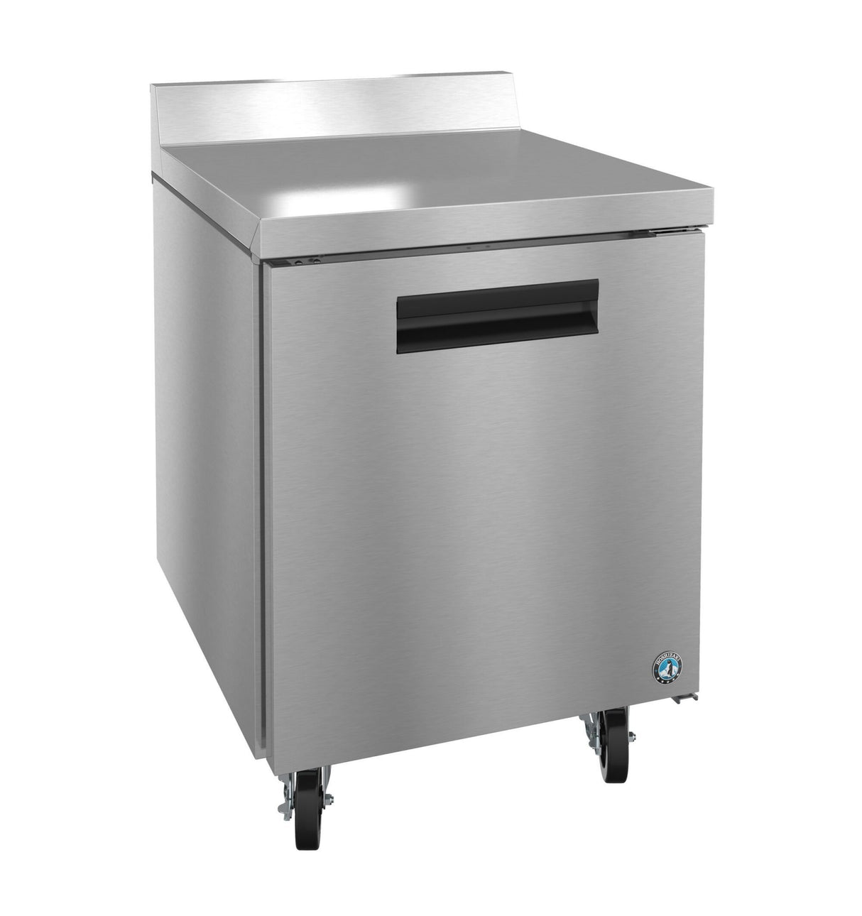 A commercial Hoshizaki stainless steel worktop refrigerator with a flat top, black recessed handle, solid door, and four caster wheels. It features a sleek, professional design and a small blue brand logo on the lower right corner.