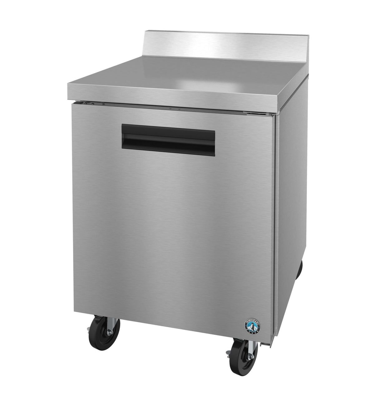 A Hoshizaki stainless steel worktop refrigerator or freezer with a single door, flat countertop, small backsplash, and black recessed handle. It stands on four caster wheels for mobility and features a small round blue logo on the bottom right corner.