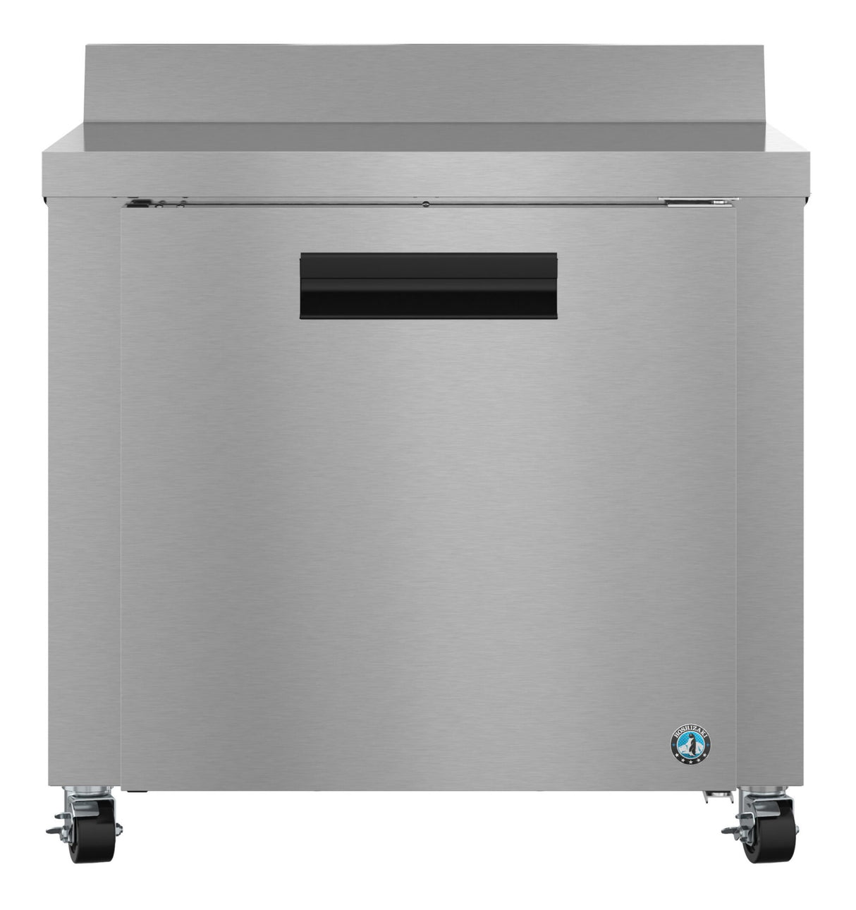 A Hoshizaki Steelheart worktop refrigerator with a flat stainless steel top, black rectangular handle, and four caster wheels. Its clean, industrial design features an ENERGY STAR certification sticker on the lower right front corner.