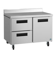 Part of the Hoshizaki Steelheart Series, this stainless steel worktop refrigerator features two drawers, two doors with black recessed handles, caster wheels, and a short rear backsplash—perfect for any commercial kitchen.