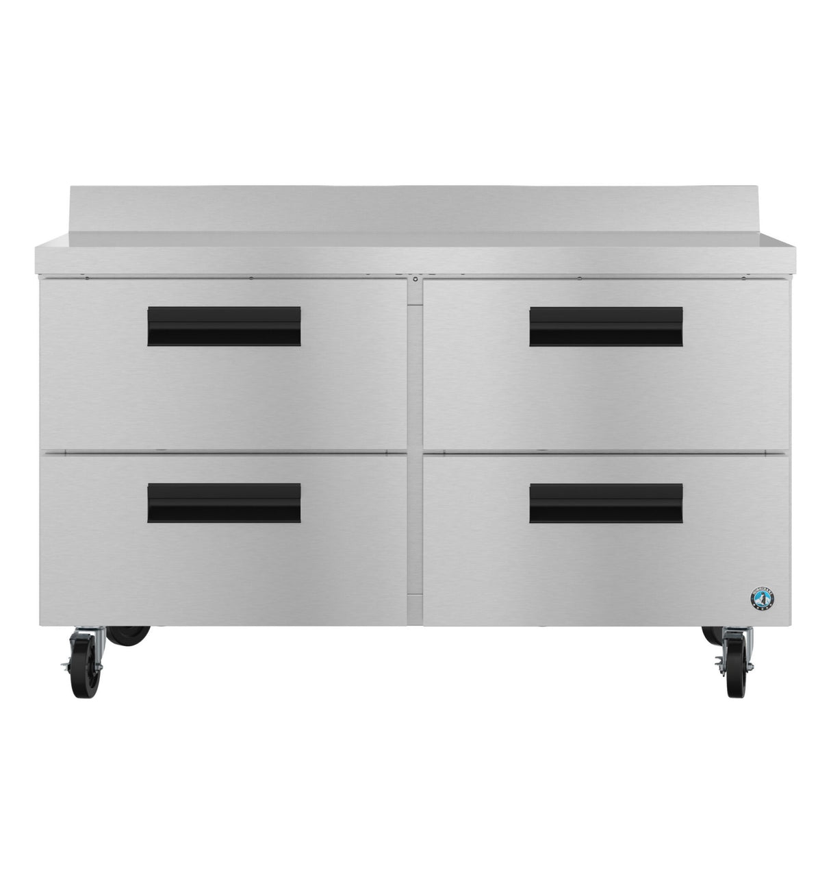 A Hoshizaki stainless steel commercial kitchen drawer unit with four large drawers, black recessed handles, and caster wheels. The flat worktop refrigerator surface with a short backsplash is perfect for food prep or storage in professional kitchens.