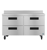 A Hoshizaki stainless steel commercial kitchen drawer unit with four large drawers, black recessed handles, and caster wheels. The flat worktop refrigerator surface with a short backsplash is perfect for food prep or storage in professional kitchens.