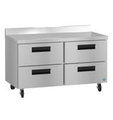 A Hoshizaki stainless steel commercial kitchen worktable with four black-handled drawers, two on each side, mounted on caster wheels for mobility. The flat surface with a raised back edge is ideal for food prep and complements any worktop refrigerator setup.