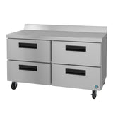 A stainless steel commercial kitchen work table with four large drawers, black handles, a raised rear edge, and locking wheels on the bottom—perfect for storage and food prep alongside your Hoshizaki worktop refrigerator in professional kitchens.