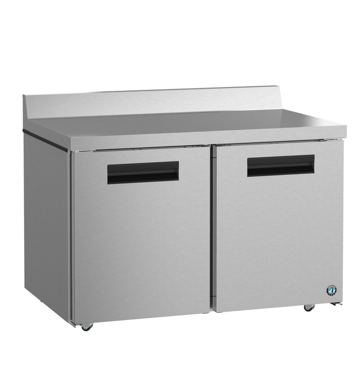 A commercial stainless steel worktop refrigerator with two solid doors, recessed handles, a flat backsplash, and caster wheels. Its sleek, industrial design is ENERGY STAR certified—ideal for any professional kitchen or food service environment.
