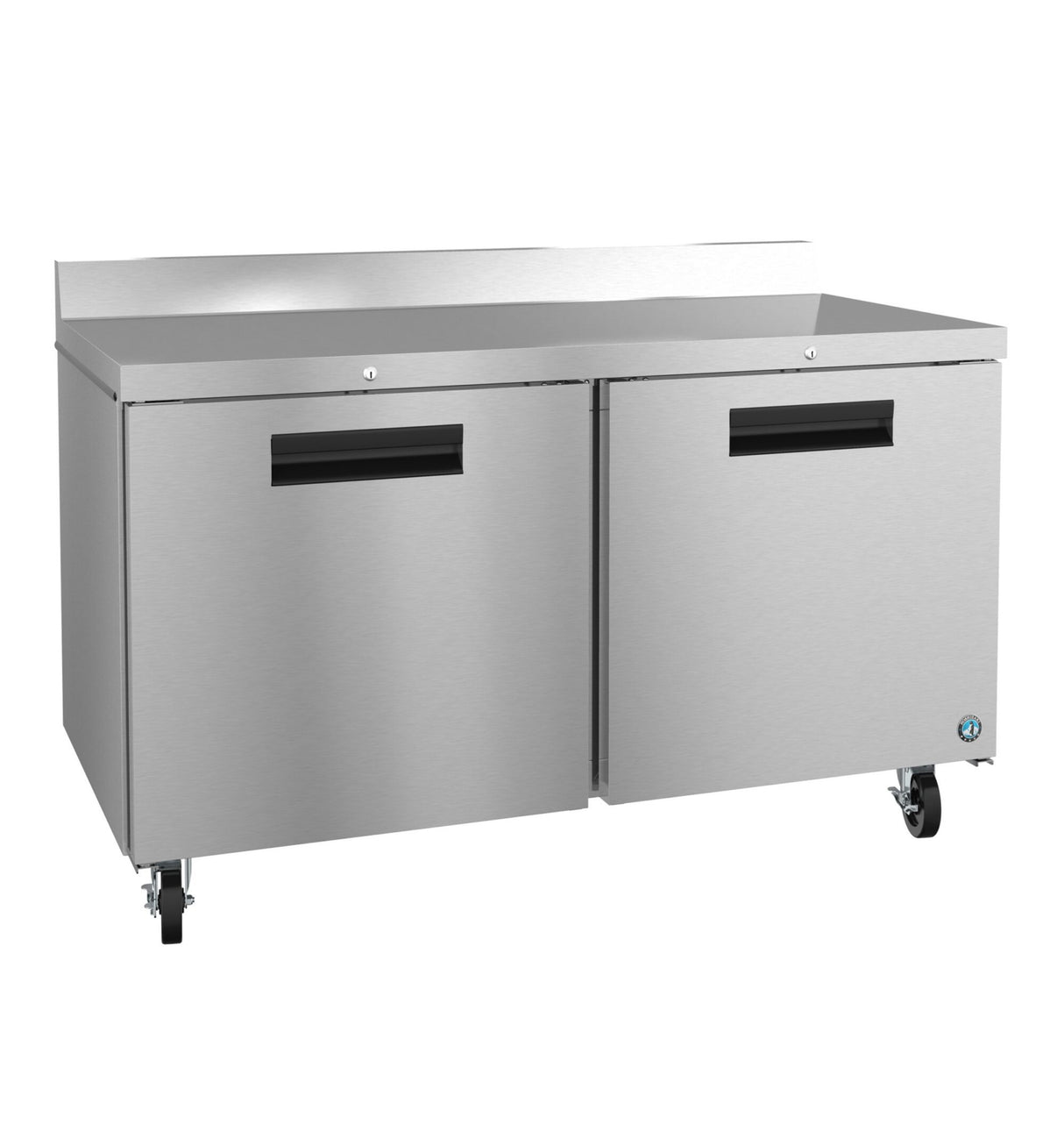 This commercial stainless steel worktop refrigerator features two solid doors, black handles, four caster wheels, and a flat top with a short backsplash. Its ENERGY STAR rating and sleek design make it ideal for busy commercial kitchens.