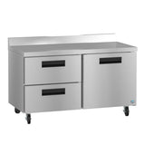 A Hoshizaki WR60B-D2 Steelheart Series stainless steel kitchen prep table features two drawers on the left, a double-door compartment on the right, sleek black handles, four caster wheels, and a short backsplash along the back edge.