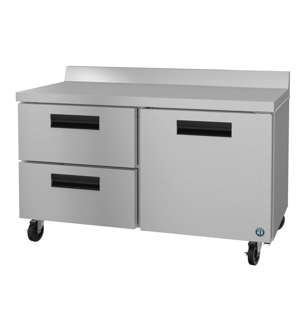 The Hoshizaki WR60B-D2 worktop refrigerator from the Steelheart Series features two pull-out drawers on the left, a single door on the right with black handles, four caster wheels for mobility, and a raised rear edge on the flat countertop.