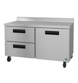 The Hoshizaki WR60B-D2 worktop refrigerator from the Steelheart Series features two pull-out drawers on the left, a single door on the right with black handles, four caster wheels for mobility, and a raised rear edge on the flat countertop.