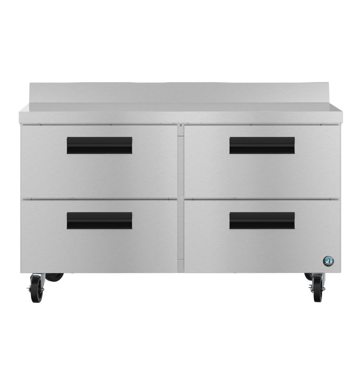 A Hoshizaki stainless steel worktop refrigerator featuring four large pull-out drawers, black handles, and casters for mobility. Its flat surface is convenient, with a blue and white logo on the bottom right drawer.