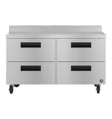 A Hoshizaki stainless steel worktop refrigerator featuring four large pull-out drawers, black handles, and casters for mobility. Its flat surface is convenient, with a blue and white logo on the bottom right drawer.