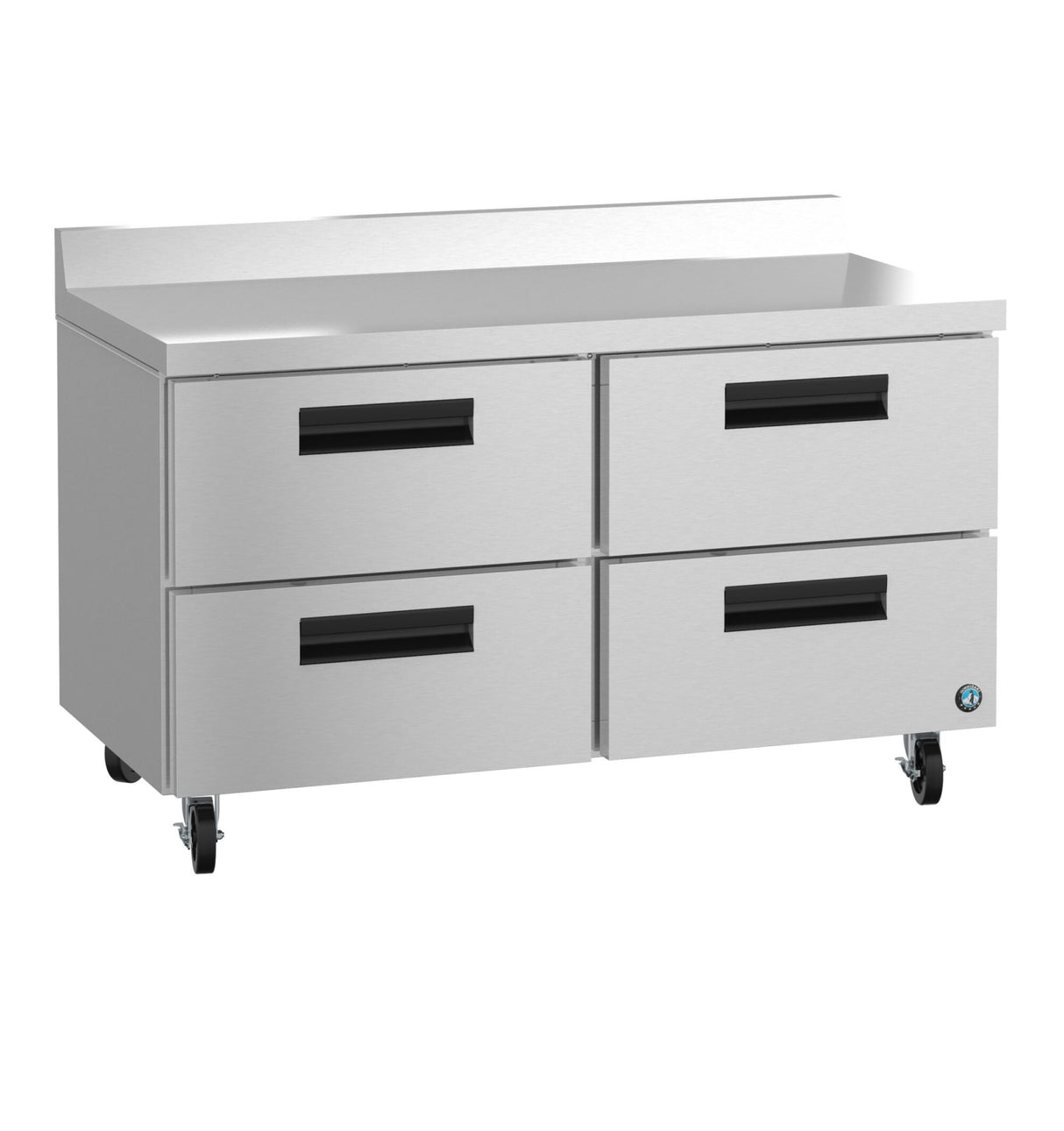 A stainless steel Hoshizaki commercial kitchen cabinet on wheels, featuring four drawers with black handles. The unit has a raised back edge and a flat top surface, ideal for food prep or storage in professional kitchens.