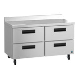 A stainless steel Hoshizaki commercial kitchen cabinet on wheels, featuring four drawers with black handles. The unit has a raised back edge and a flat top surface, ideal for food prep or storage in professional kitchens.