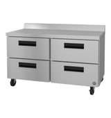 A Hoshizaki stainless steel commercial kitchen workstation with four pull-out drawers, a flat countertop, a short backsplash, and locking caster wheels. Its sleek and functional design is ideal for food preparation and storage.