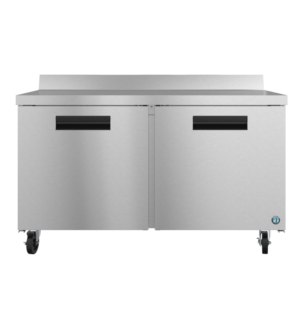 A Hoshizaki Steelheart Series worktop refrigerator with two front doors, black recessed handles, a flat countertop, and four caster wheels is photographed against a white background. Its clean, industrial design is perfect for modern kitchens.