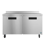 A Hoshizaki Steelheart Series worktop refrigerator with two front doors, black recessed handles, a flat countertop, and four caster wheels is photographed against a white background. Its clean, industrial design is perfect for modern kitchens.