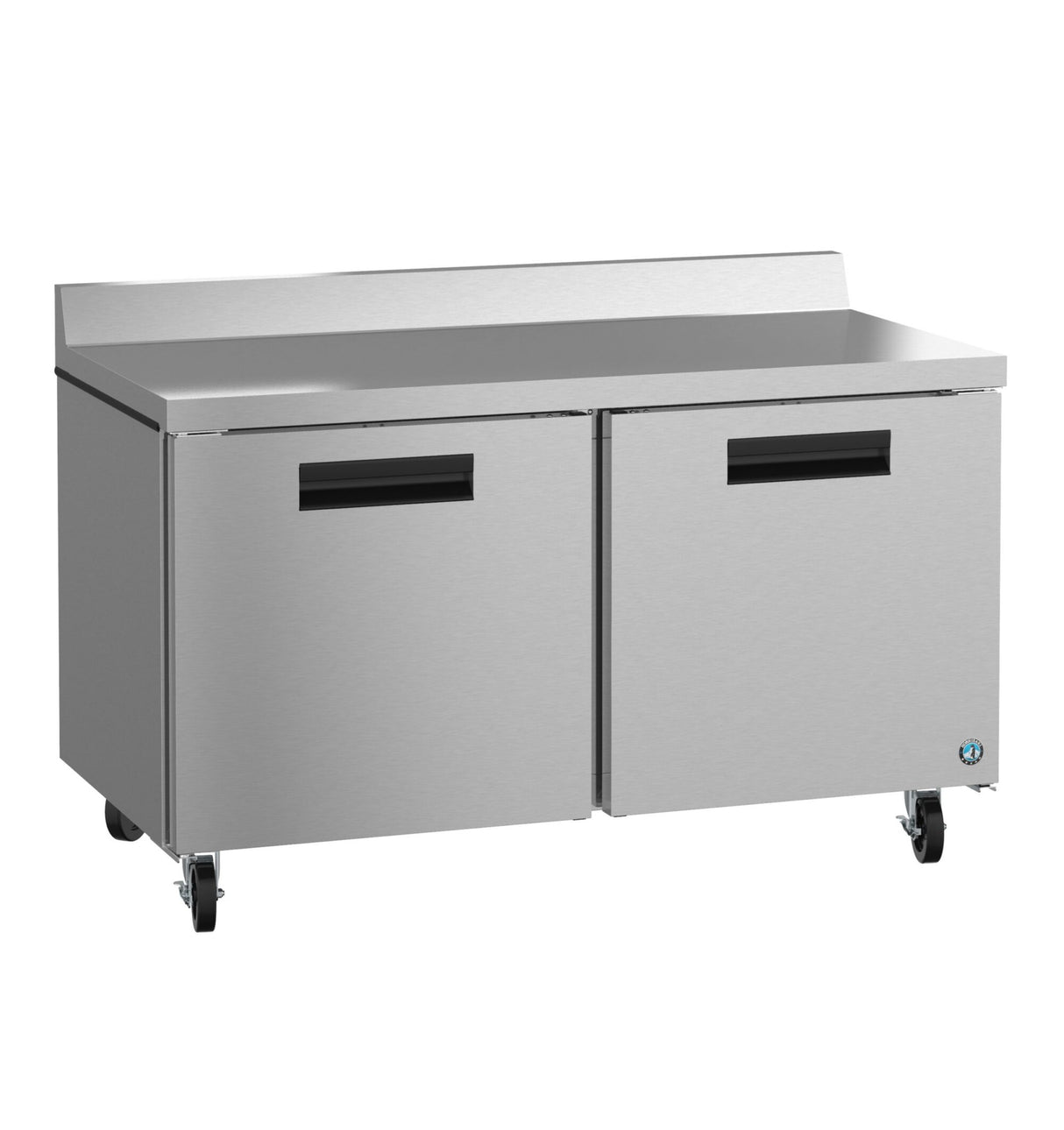 A sleek, industrial Hoshizaki Steelheart Series worktop refrigerator with two doors, four wheels for mobility, recessed handles, and a distinctive round blue logo on the bottom right corner. Perfect for any commercial kitchen setup.