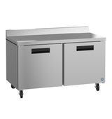 A sleek, industrial Hoshizaki Steelheart Series worktop refrigerator with two doors, four wheels for mobility, recessed handles, and a distinctive round blue logo on the bottom right corner. Perfect for any commercial kitchen setup.