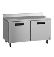 A sleek, industrial Hoshizaki Steelheart Series worktop refrigerator with two doors, four wheels for mobility, recessed handles, and a distinctive round blue logo on the bottom right corner. Perfect for any commercial kitchen setup.